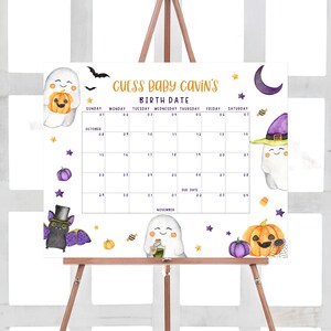 Editable A Little Boo Baby Shower Due Date Calendar, Gender Neutral Halloween Baby Shower Calendar, Ghost Birthday Prediction Template 0451 image 1