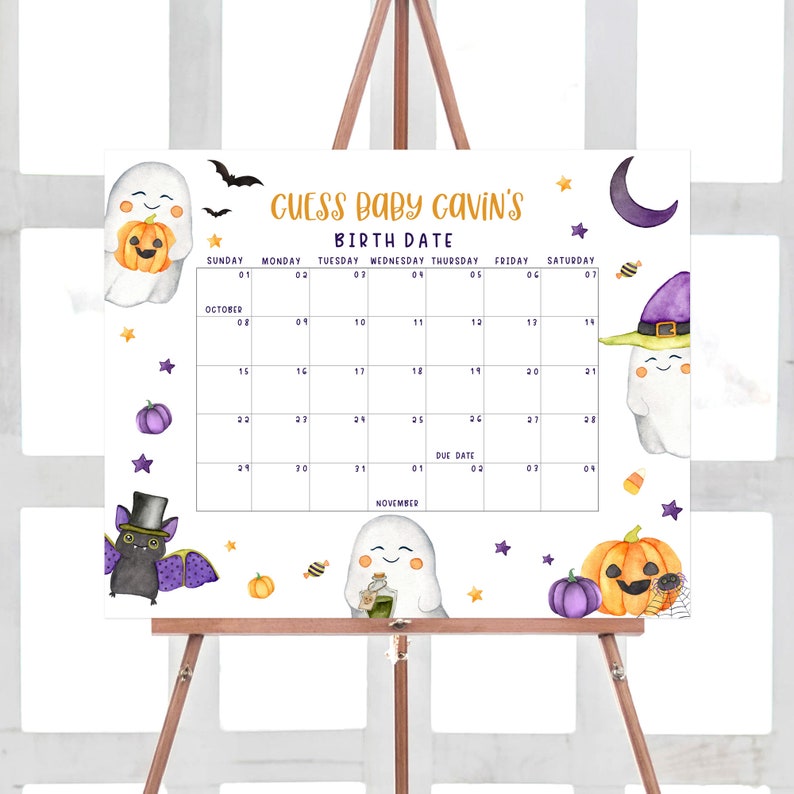 Editable A Little Boo Baby Shower Due Date Calendar, Gender Neutral Halloween Baby Shower Calendar, Ghost Birthday Prediction Template 0451 image 1