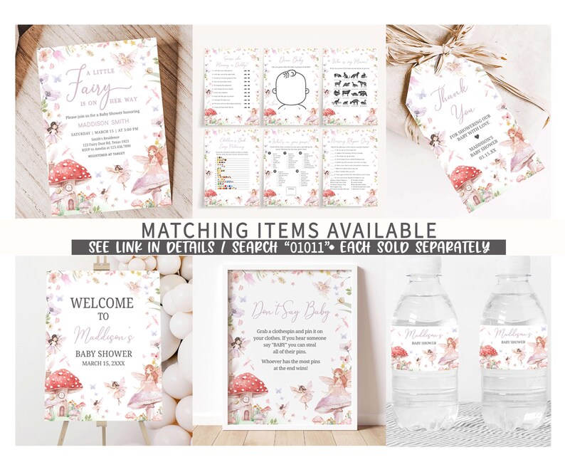 a set of wedding items including a water bottle and a card