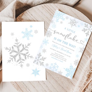 Bewerkbare blauwe een kleine sneeuwvlok baby shower uitnodiging, blauwe sneeuwvlok winter baby shower uitnodiging, jongen winter baby shower uitnodiging, 0538 afbeelding 2