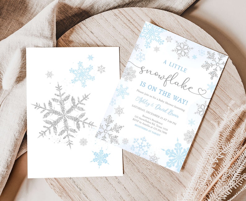 Bewerkbare blauwe een kleine sneeuwvlok baby shower uitnodiging, blauwe sneeuwvlok winter baby shower uitnodiging, jongen winter baby shower uitnodiging, 0538 afbeelding 2