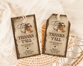 Editable Country Western Birthday Favor Tag, Rustic Wood Cowboy Party Gift Tag, Wild West Birthday Gift Tags, Cowboy Hat Rodeo Birthday 79BD