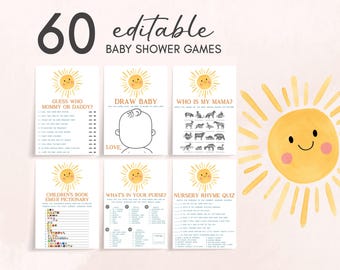 Bearbeitbar Hier kommt der Sohn Baby Shower Spiele Bundle, Retro Boho Sunshine Baby Shower Game Pack, hier kommt das Sun Baby Shower Spiel, 01053