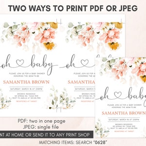 Bewerkbaar teken Oh Baby lente babyshower uitnodiging, lentebloem babyshower uitnodiging, roze bloemen meisje babyshower uitnodiging sjabloon 0628 afbeelding 3