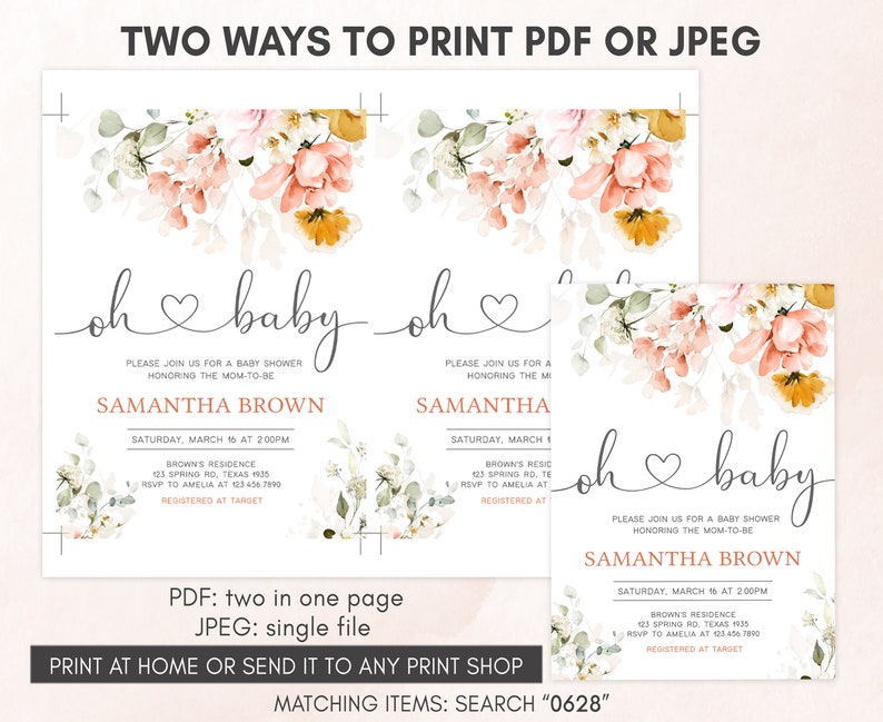 Bewerkbaar teken Oh Baby lente babyshower uitnodiging, lentebloem babyshower uitnodiging, roze bloemen meisje babyshower uitnodiging sjabloon 0628 afbeelding 3