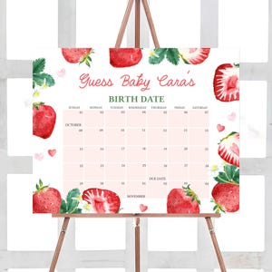 Bearbeitbarer Beere Süßer Babyparty-Fälligkeitskalender, Erdbeer-Babypartykalender, Mädchen-Blush Beere-Babyparty-Geburtstagsvorhersagen 01013