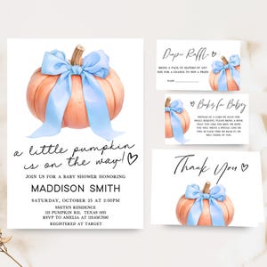 Editable Minimalist A Little Pumpkin Baby Shower Invitation Bundle, Blue Bow Pumpkin Baby Shower Invite, Boy Autumn Pumpkin Invite Set 01126