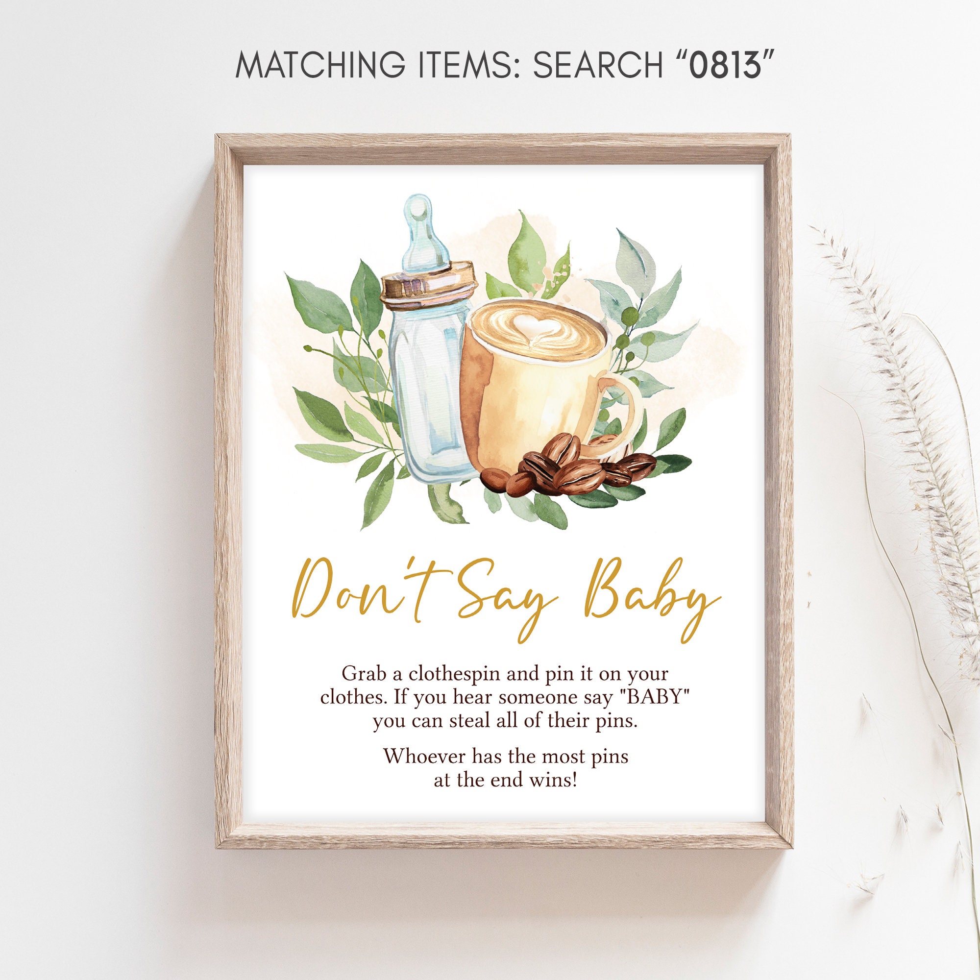 Don't Say Baby Sign Coffee Baby Shower, A Baby is Brewing Baby Shower Dont Say Baby Game Sign, Gender Neutral Greenery Coffee Shower, 0813
