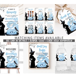 May include: A collection of Halloween-themed baby shower decorations. The designs feature a witch silhouette, a cauldron with a baby, and the text "A Baby is Brewing". Includes invitations, tags, signs, and water bottle labels.
