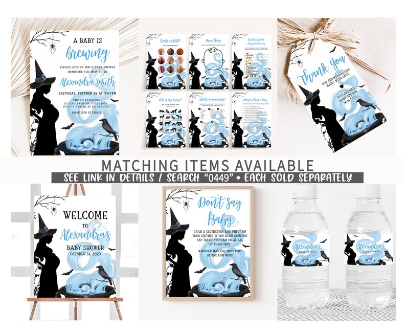 May include: A collection of Halloween-themed baby shower decorations. The designs feature a witch silhouette, a cauldron with a baby, and the text "A Baby is Brewing". Includes invitations, tags, signs, and water bottle labels.