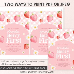 two strawberry first birthday party cards with a gingham background