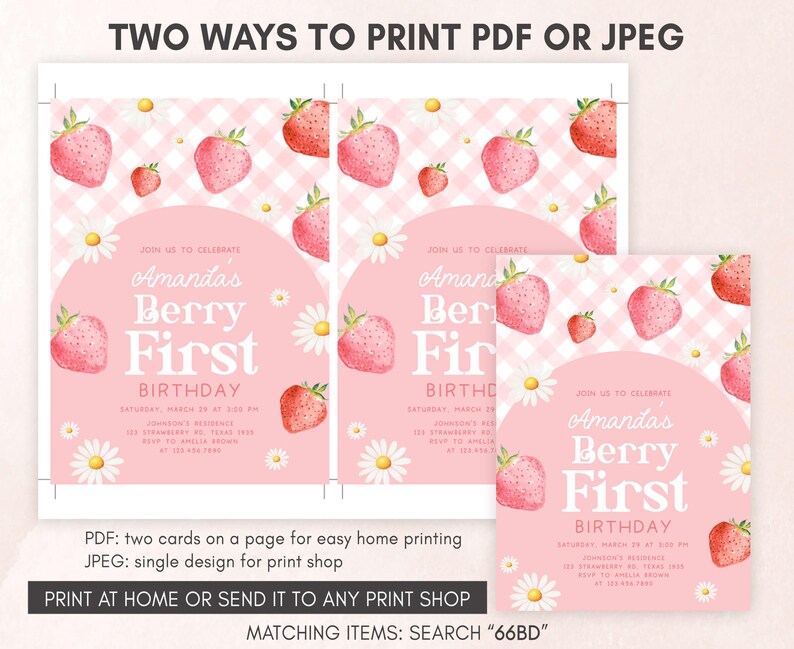two strawberry first birthday party cards with a gingham background