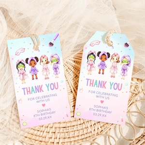 Etiquetas editables para recuerdos de cumpleaños de spa, etiquetas de cumpleaños de spa para niñas, etiquetas de regalo para fiestas de mimos glamurosos, etiquetas para fiestas de cumpleaños de mimos, etiquetas para fiestas de preadolescentes, 65BD