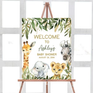 Editable A Little Wild One Safari Baby Shower Welcome Sign, Greenery Jungle Baby Shower Welcome Poster, Safari Animals Baby Shower, 0499