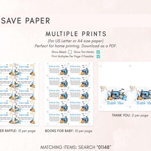 three different types of printed materials, including diaper raffles, books for babies, and thank you cards. The materials are designed for use in a diaper raffle, a baby shower, or a thank you event. The text provides information about the items, such as their size, print quantity, and how they can be used.