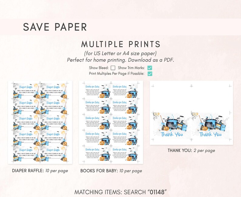 three different types of printed materials, including diaper raffles, books for babies, and thank you cards. The materials are designed for use in a diaper raffle, a baby shower, or a thank you event. The text provides information about the items, such as their size, print quantity, and how they can be used.