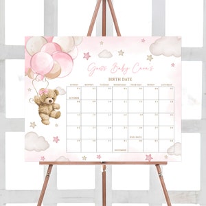 Bearbeitbarer Rosa Mädchen-Bär Ballon-Babyparty Fälligkeitsdatumskalender, Wir können Bären-Babypartykalender warten, Boho Bärn-Babypartyspiel 0599