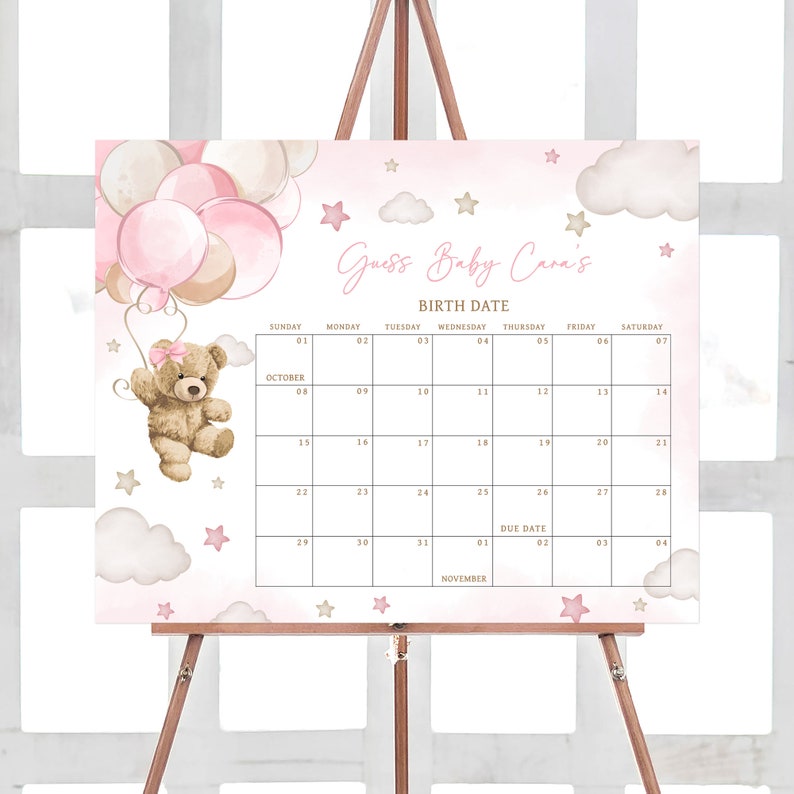 Bewerkbare roze meisjesbeer ballon babyshower vervaldatum kalender, babyshower kalender meisje, babyshower boho beer 0599 afbeelding 1