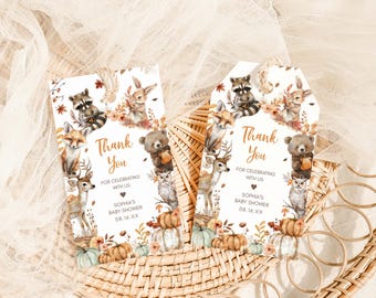 Editable Woodland Birthday Favor Tag, Forest Animals First Birthday Gift Tag, Woodland Animals Party Tag, Floral Pumpkin Fall Birthday, 87BD