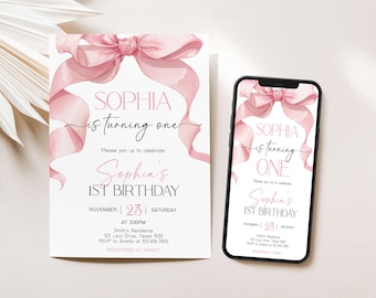 Editable Pink Bow Birthday Party Invitation, Coquette Birthday Invite, Pink Bow First Birthday Invitation, Pink Ribbon Invite, 33BD