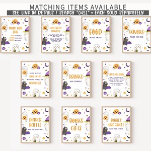 May include: A collection of framed Halloween-themed signs with a ghost, pumpkin, and bat motif. The signs include phrases like "Mom-osa Bar," "Late Night Diapers," and "Food." The signs are decorated with purple, orange, and black accents.