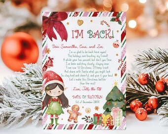 Bearbeitbarer Elf-Ankunftsbrief, Elf-Willkommensbrief, ich bin zurück Weihnachtsbrief für Kinder, Elf-Rückkehrbrief, Elf-Mädchen-Hellhaut-Schwarz-Haar, 73SE