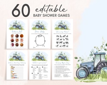 Bewerkbare blauwe tractor babyshower spelletjesbundel, boerderij babyshower game pack, ranch babyshower activiteiten, jongen land spelletjes sjabloon 0323