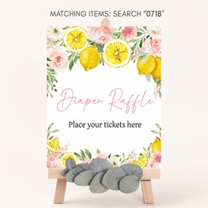 Diaper Raffle Sign Pink Floral Lemon Baby Shower, Girl Lemonade Baby Shower Diaper Game Sign, Summer Lemon Citrus Baby Shower Signs, 0718