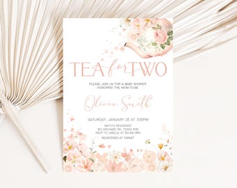 Bewerkbare babyshower uitnodiging tea party, thee voor twee babyshower uitnodigen, meisje bloemen tea party uitnodiging, high tea party babyshower, 01006