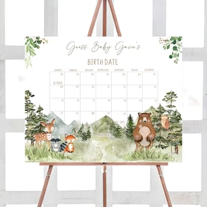 Bearbeitbarer Wald-Babyparty-Fälligkeitsdatumskalender, Geschlechtsneutraler Waldtiere-Babypartykalender, Greenery Forest Babypartyspiel 0591