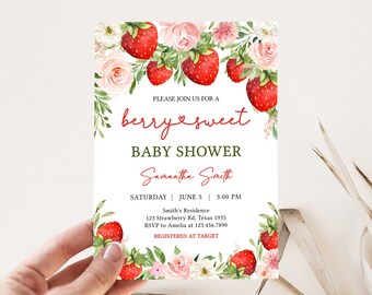 May include: A baby shower invitation with a watercolor illustration of strawberries and flowers. The text reads "Please join us for a berry sweet baby shower Samantha Smith Saturday June 5 3:00 PM Smith's Residence 123 Strawberry Rd, Texas 1935 RSVP to Amelia at 123.456.7890 Registered at Target"