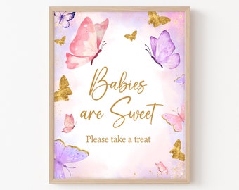 Los bebés son dulces signos rosa mariposa niña baby shower, mariposas púrpuras baby shower tomar un signo de golosina, signos de mariposa boho oro, 0683