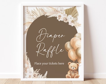 Diaper Raffle Sign Bear Balloons Baby Shower, We Can Bearly Wait Boho Baby Shower Diaper Game Sign, Brown Teddy Bear Baby Shower Signs, 0694