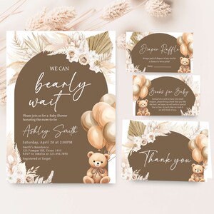 Lot d'invitations modifiables pour baby shower ballons ours, ensemble d'invitations baby shower bohème We can Bearly Wait, baby shower ours en peluche brun, 0694 image 1