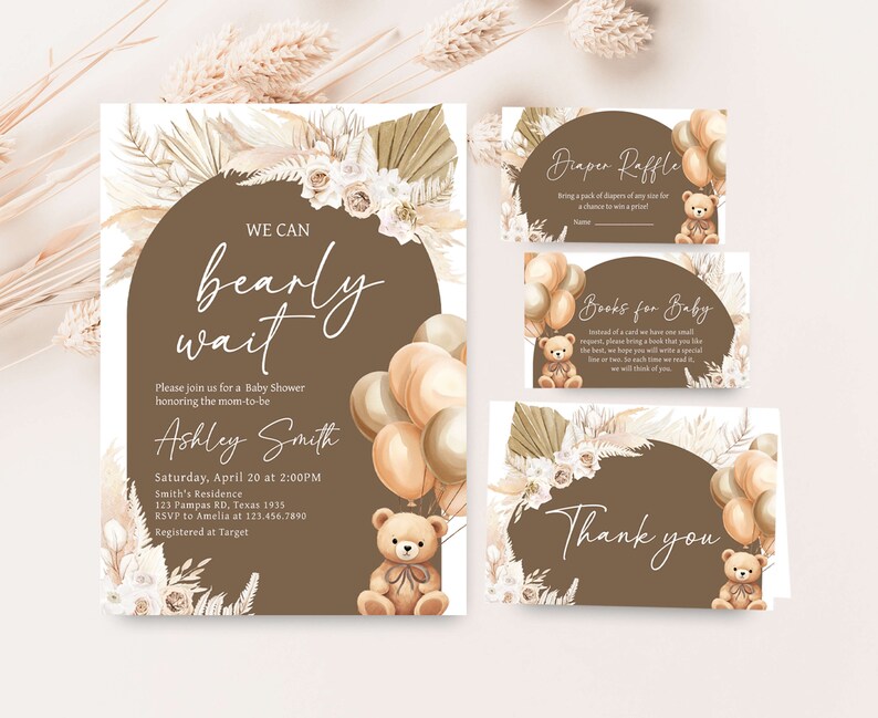 Lot d'invitations modifiables pour baby shower ballons ours, ensemble d'invitations baby shower bohème We can Bearly Wait, baby shower ours en peluche brun, 0694 image 1
