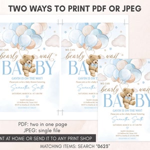 Invitación editable para baby shower con globo de oso niño, podemos esperar con paciencia la invitación para baby shower, plantilla de invitación para baby shower con oso boho azul 0623 imagen 3
