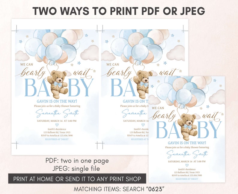 Invitación editable para baby shower con globo de oso niño, podemos esperar con paciencia la invitación para baby shower, plantilla de invitación para baby shower con oso boho azul 0623 imagen 3