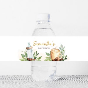Editable Coffee Baby Shower Bottle Label, A Baby is Brewing Baby Shower Water Labels, Gender Neutral Greenery Coffee Bottle Stickers, 0813