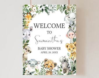 Editable Safari Baby Shower Welcome Sign, Sweet Baby Boy Jungle Baby Shower Welcome Poster, Greenery Safari Animals Baby Shower Sign, 0678