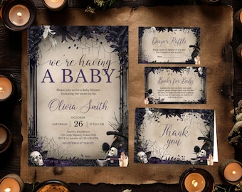 Editable Witchy Gothic Baby Shower Invitation Bundle, Witch Spooky Baby Shower Invite Set, Magical Haunted Halloween Baby Shower Invite 0951
