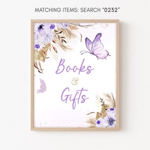 Boho mariposa bebé ducha libros y regalos signo, púrpura mariposa ducha regalos mesa signo, boho bebé mariposas imprimible plantilla 0232
