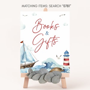 Nautische Babyparty Bücher und Geschenke Schild, Ahoi, es ist ein Junge Babyparty Geschenke Schild, Blaues Boot Nautische Schilder, Junge Babyparty Dekore, 0781