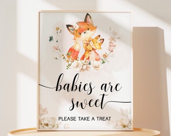 Los bebés son signos dulces Baby Shower de zorro floral, baby shower de niña zorro tomar un signo de golosina, signo de decoración de zorro del bosque, plantilla de animales del bosque 0357