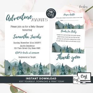 Editable Adventure Baby Shower Invitation, Adventure Awaits Invitation, Let the Adventure Begin Pine Tree, Greenery Printable Invite BSL 104