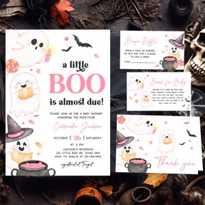 Editable Pink A Little Boo Baby Shower Invitation Bundle, Girl Halloween Baby Shower Invite, Spooky Ghost Fall Baby Shower Invitation, 0908