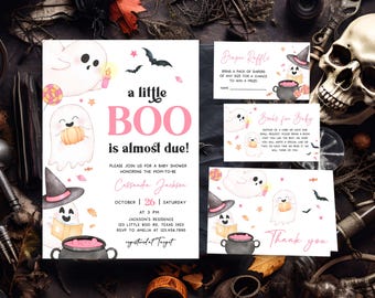 May include: Halloween-themed baby shower invitations and cards. The invitation reads "a little BOO is almost due!" with ghost illustrations, bats, and a witch's hat. Includes a diaper raffle card, a book request card, and a thank you card.
