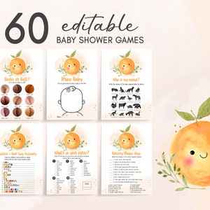 Paquete editable de juegos de baby shower Little Cutie, paquete de juegos de baby shower naranja, plantilla imprimible de juegos de bebé Clementine de género neutro 0257