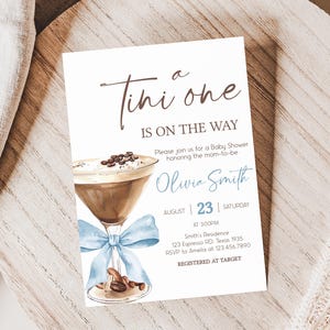 Editable Espresso Martini Baby Shower Invitation, A Tini One Is On the Way Brewing Baby Shower Invite, Blue Bow Coffee Baby Shower, 01097