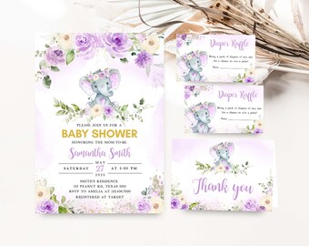 Könnte beinhalten: Lila und weiße Blumen-Babyparty-Einladung mit einem süßen grauen Elefanten, der eine Blumenkrone trägt. Die Einladung enthält den Text "Bitte schließen Sie sich uns zu einer Babyparty zu Ehren der werdenden Mutter Samantha Smith Samstag, 27. Mai um 15:00 Uhr 2023 Smith's Residence 123 Peanut Rd, Texas 0921 RSVP an Amelia unter 123.456.7890 Registriert bei Target".