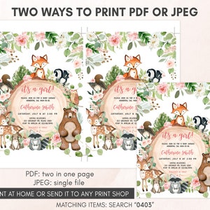 Editable Girl Woodland Baby Shower Invitation Bundle, Floral Forest Animals Baby Shower Invite Set, Rustic Floral Woodland Invitation 0403 image 3